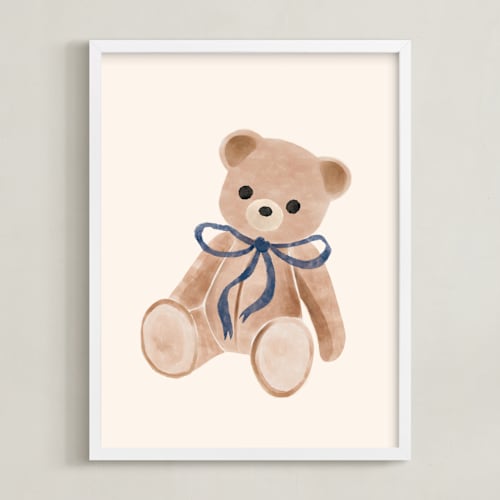 This is a royal blue nursery wall art by Vivian Yiwing called bear with bow