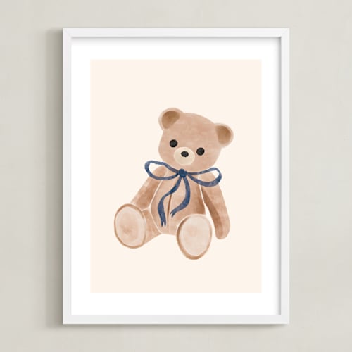 This is a royal blue nursery wall art by Vivian Yiwing called bear with bow