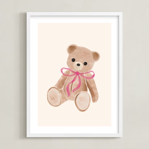 This is a pink nursery wall art by Vivian Yiwing called bear with bow