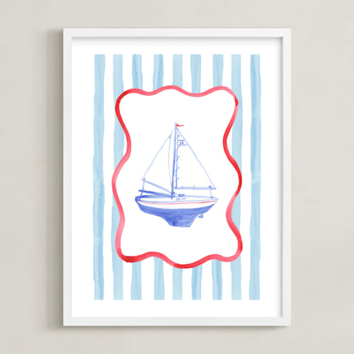 This is a sailor blue nursery wall art by Little Blue Designs called vintage play boat