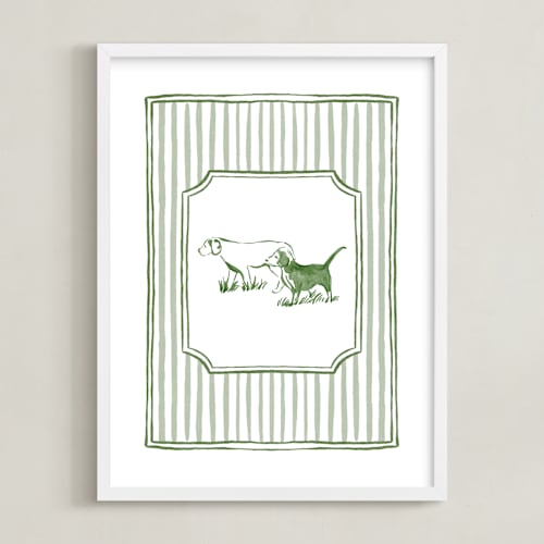 This is a forest green nursery wall art with standard by Madelaine Crocker called puppies at play 2