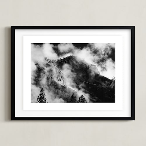 This is a black and white art by Elise Akerson called clouds/yosemite