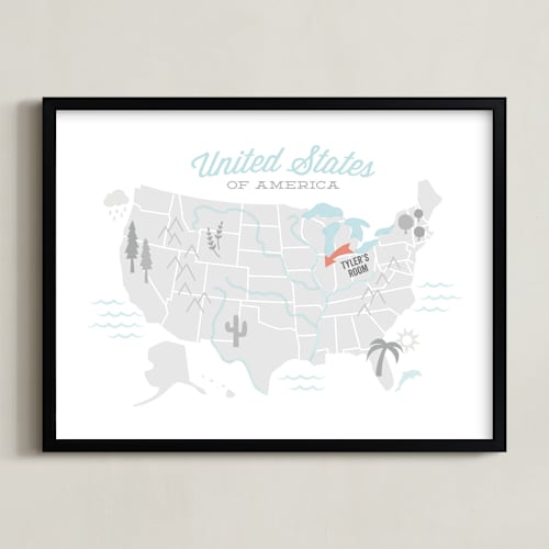 This is a coastal grey personalized art for kids by Jessie Steury called you are here american map
