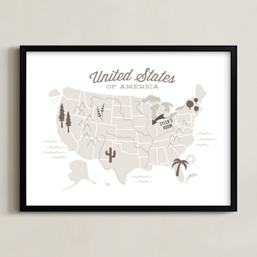 This is a sepia personalized art for kids by Jessie Steury called you are here american map