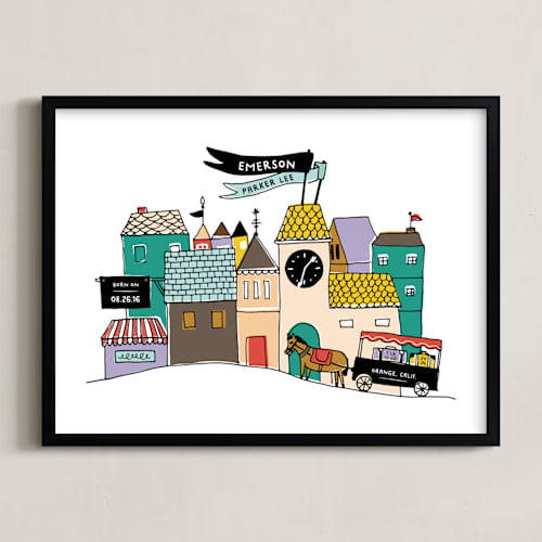 This is a storybook personalized art for kids by Tanya Lee of Frooted Design called villagescape stats