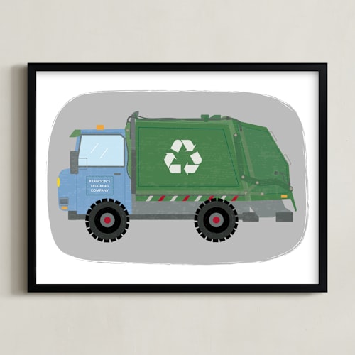 This is a moss personalized art for kids by Rebecca Marchese called the garbage recycle truck