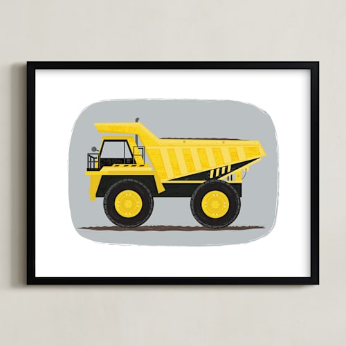 This is a finch yellow kids wall art by Rebecca Marchese called the construction dump truck