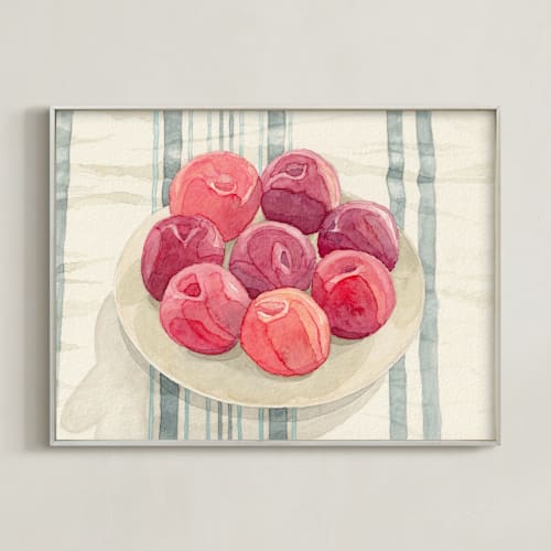 This is a plum red art by Pippa Shaw called red plums on linen tablecloth