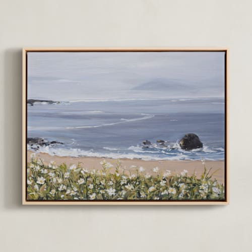 This is a dusty blue art with standard by Arohika Verma called seaside daisies