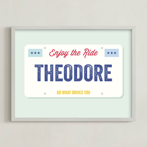 This is a feather personalized art for kids by Sarah Cohn called license plate