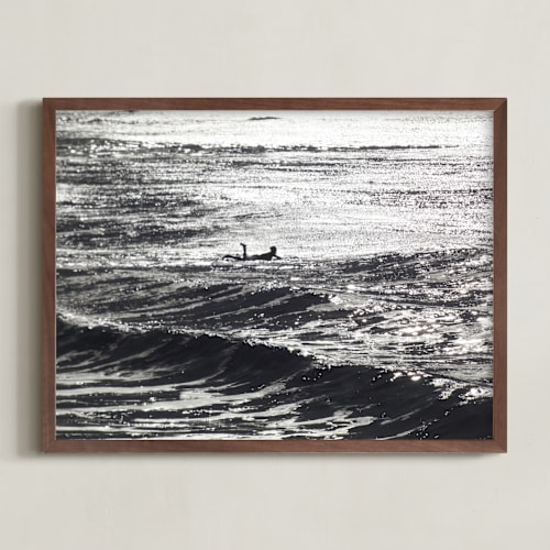 This is a black and white art by Annie Seaton called cayucos pier surfer, winter morning sun