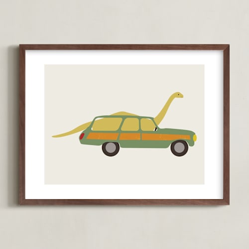 This is a citron kids wall art by Morgan Kendall called driving apatosaurus