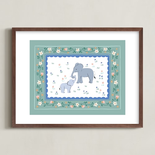 This is a vintage teal nursery wall art with standard by Dominika Godette called vintage safari 1