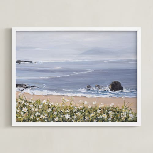 This is a dusty blue art with standard by Arohika Verma called seaside daisies