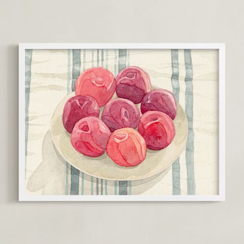 This is a plum red art with standard by Pippa Shaw called red plums on linen tablecloth