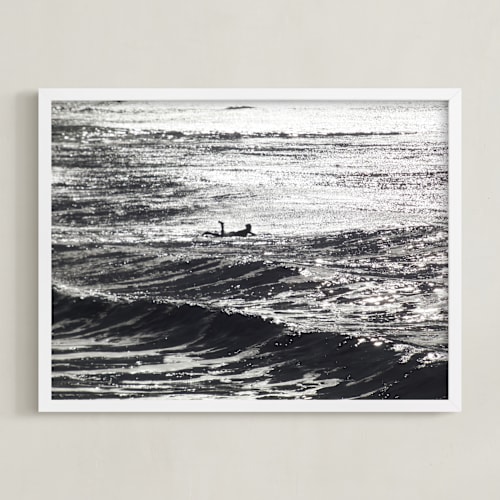 This is a black and white art by Annie Seaton called cayucos pier surfer, winter morning sun
