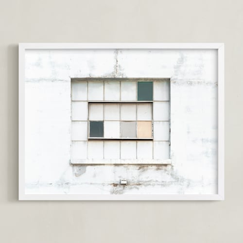 This is a distressed white art by Kamala Nahas called industrial window