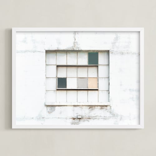 This is a distressed white art with standard by Kamala Nahas called industrial window