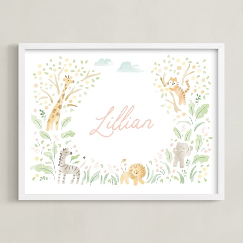 This is a soft pink personalized art for kids by Jennifer Wick called petite jungle frame