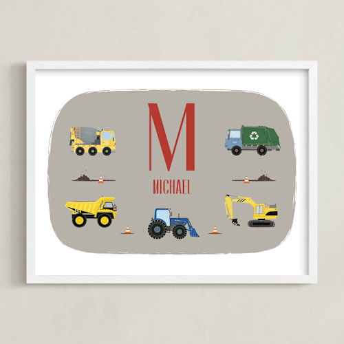 This is a steel personalized art for kids by Rebecca Marchese called trucks with name - custom