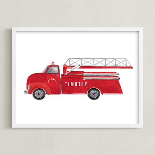 This is a flame personalized art for kids by frau brandt called vintage firetruck