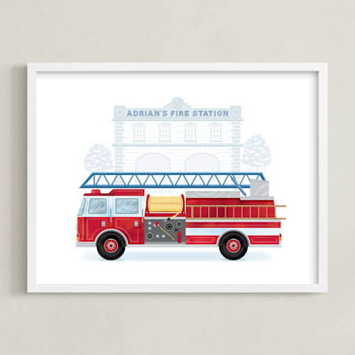 This is a flame personalized art for kids by Paper Sun Studio called fire engine to the rescue