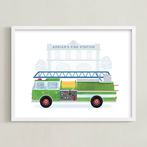 This is a grass personalized art for kids by Paper Sun Studio called fire engine to the rescue