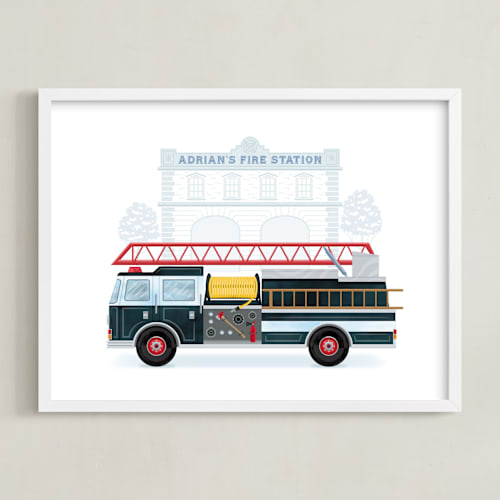 This is a coal personalized art for kids by Paper Sun Studio called fire engine to the rescue