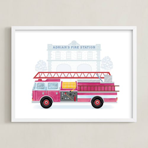 This is a hot pink personalized art for kids by Paper Sun Studio called fire engine to the rescue