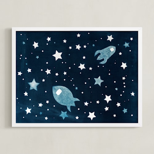 This is a prussian blue kids wall art by raven erebus called through space and time