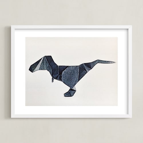 This is a moody blue kids wall art by Maja Cunningham called paper animals: trex