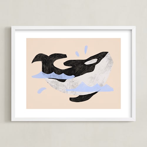 This is a peach dip kids wall art by Inkblot Design called orca, where are you?