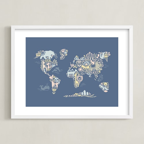 This is a navy kids wall art by Jessie Steury called scandi world map