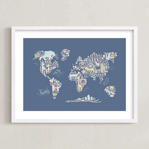 This is a navy kids wall art with standard by Jessie Steury called scandi world map