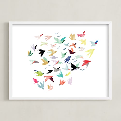 This is a multi-colored kids wall art with standard by Eve Schultz called songbirds