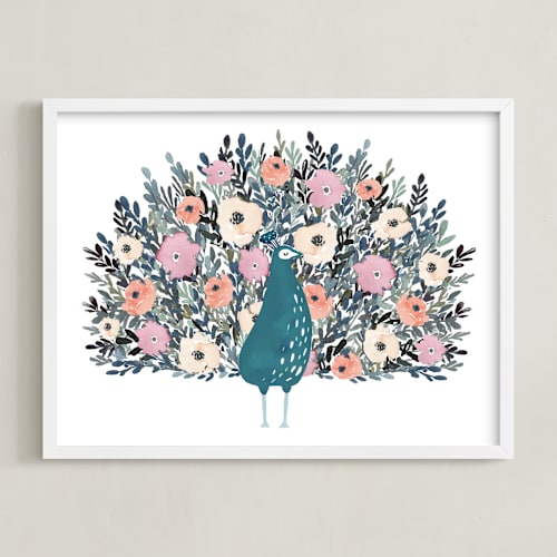 This is a peacock blue kids wall art by Afton Harding called peacock blooming love