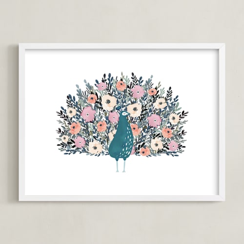 This is a peacock blue kids wall art by Afton Harding called peacock blooming love