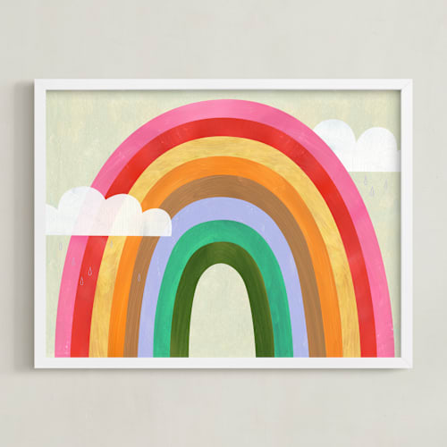 This is a ruby red kids wall art with standard by melanie mikecz called rainbow & clouds
