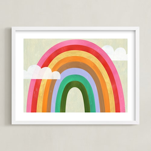This is a ruby red kids wall art with standard by melanie mikecz called rainbow & clouds