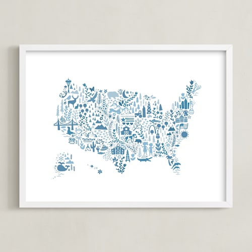 This is a blueberry kids wall art by Jessie Steury called little big united states map