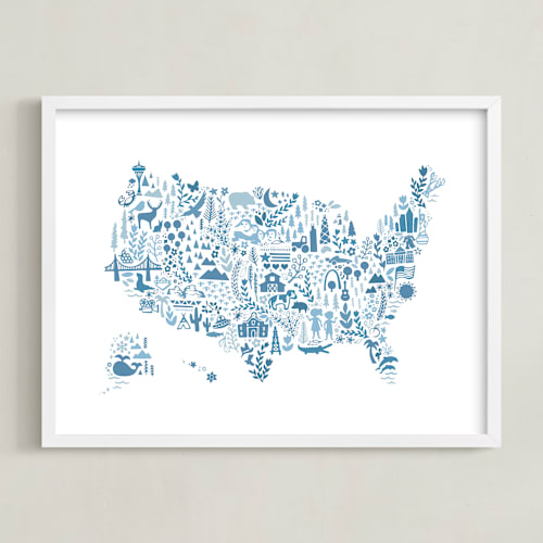 This is a blueberry kids wall art with standard by Jessie Steury called little big united states map