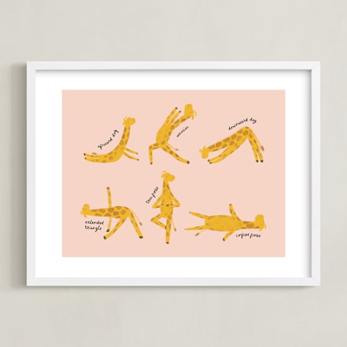 This is a blush kids wall art by Jenna Holcomb called giraffe exercises