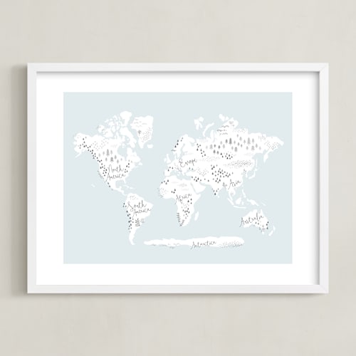 This is a soft sky kids wall art by Jessie Steury called beautiful world map