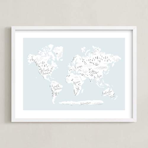 This is a soft sky kids wall art by Jessie Steury called beautiful world map