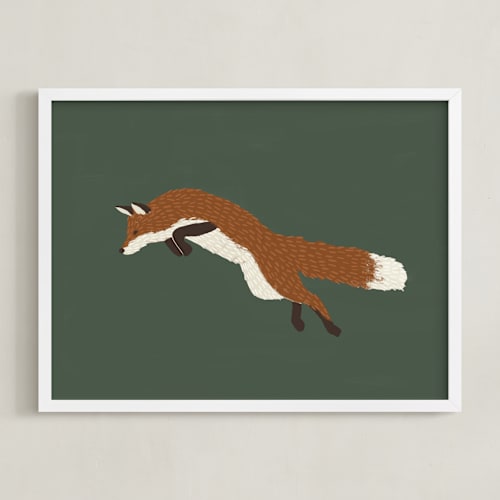 This is a forrest green art by Kelly Watkins called leaping fox
