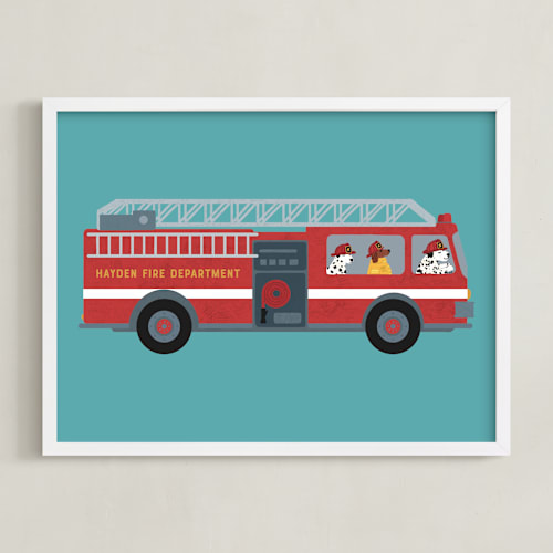 This is a turquoise blue nursery wall art with standard by Jenna Holcomb called firefighter dogs