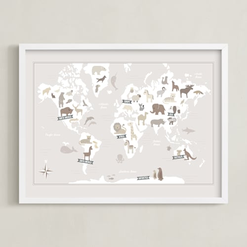 This is a beige nursery wall art with standard by Jessie Steury called animal world map