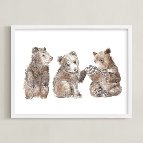 This is a bear cub brown nursery wall art by Lauren Rogoff called three little bears
