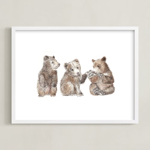 This is a bear cub brown nursery wall art by Lauren Rogoff called three little bears