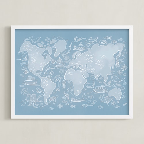 This is a sea nursery wall art with standard by Jessie Steury called sea life world map